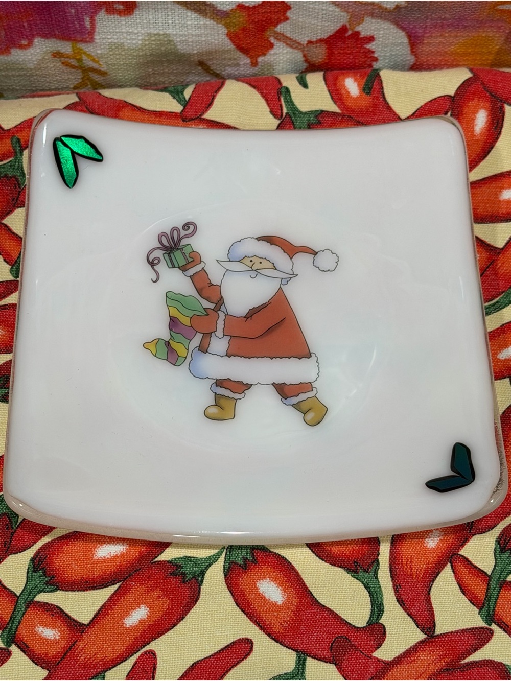 Holiday Santa Glass Trinket or Small Serving Dish - Handmade